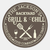 モダンなパーソナライズされたピットマスター名の円ロゴ ラウンドシール (正面)