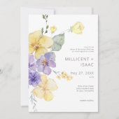 モダンなパープルとイエローのスミレの花のウェディング 招待状 (正面)