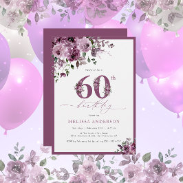 モダンなパープル フラワー 60歳の誕生日パーティー 招待状