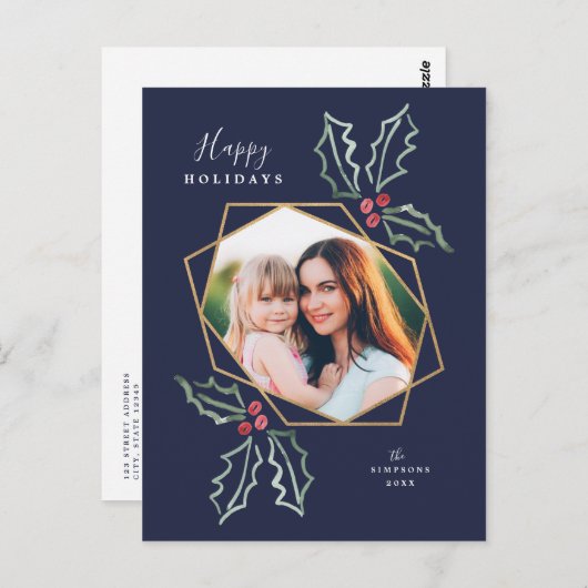 モダンなヒイラギの金ゴールドのGeoの写真フレーム海軍|休日カード ポストカード (正面/裏面)