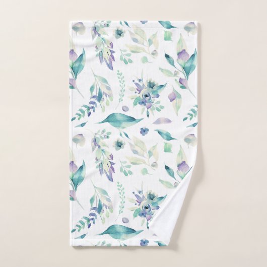 モダンなヒスイ緑のラベンダーの水彩画の花柄 ハンドタオル (ハンドタオル)