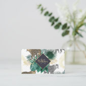 モダンなヒョウおよび熱帯葉のデザイン 名刺 (スタンド正面)