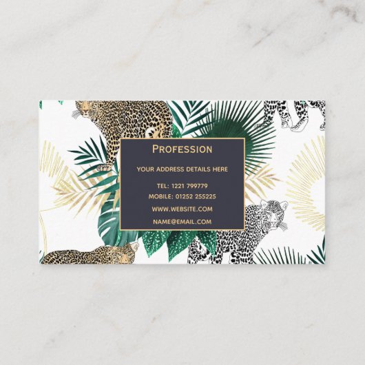 モダンなヒョウおよび熱帯葉のデザイン 名刺 (裏面)