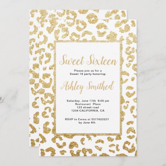 モダンなヒョウパターンフェイクな金ゴールドのグリッターの菓子16 招待状 (正面/裏面)