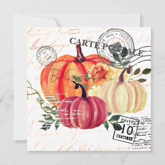 モダンなビンテージスタイルの水彩画のカボチャ 感謝祭 シーズンカード (正面)