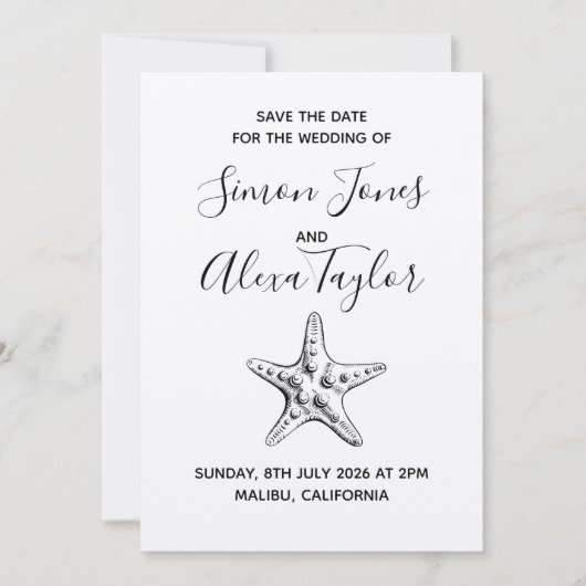 モダンなビーチでのデスティネーションウェディングの保存日 セーブザデート (正面)