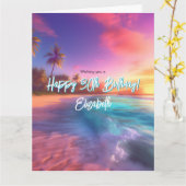 モダンなビーチの夕焼け 4枚の写真 誕生日 カード (黄色い花)