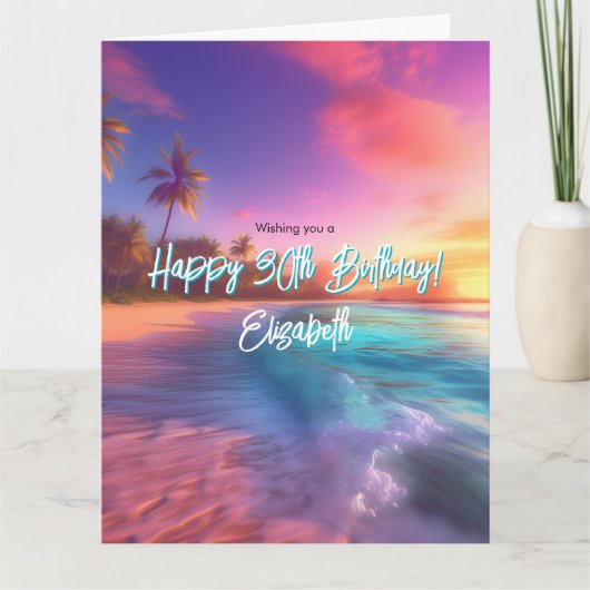 モダンなビーチの夕焼け 4枚の写真 誕生日 カード (正面)