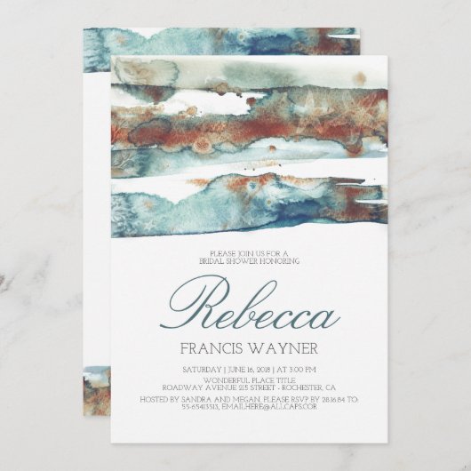 モダンなビーチの水彩画のあと波のブライダルシャワー 招待状 (正面/裏面)