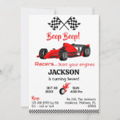 モダンなビープビープ赤いレーススポーツカーの7歳の誕生日 招待状 (正面)
