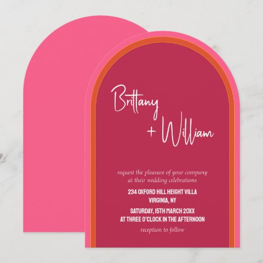 モダンなピンクとオレンジの夏の結婚式のアーチ 招待状 (正面/裏面)
