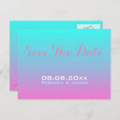モダンなピンクとターコイズのオンブル結婚式のSave the Date 案内ポストカード (正面/裏面)