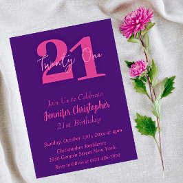 モダンなピンクとパープルの21歳の誕生日招待状 招待状
