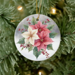 モダンなピンクと白のポインセチアのクリスマス セラミックオーナメント