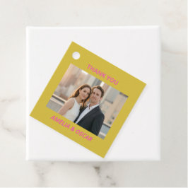 モダンなピンクと黄色の写真を使ったオーダーメイドの結婚式アイテム フェイバータグ