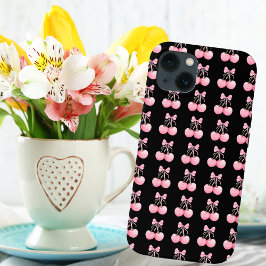 モダンなピンクのさくらんぼとリボンのデザイン オーダーメイド iPhone 13ケース