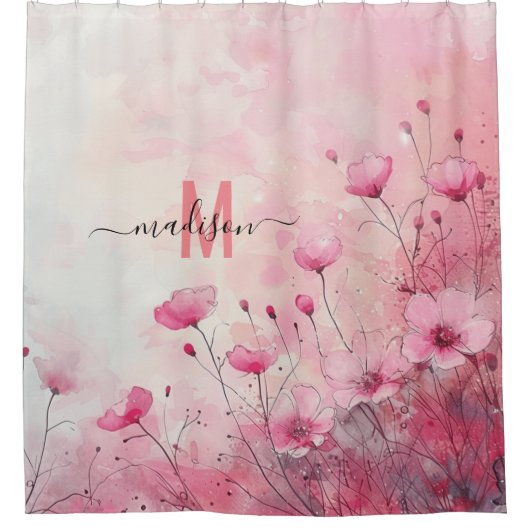 モダンなピンクのエレガントなスクリプトウェディング シャワーカーテン (正面)