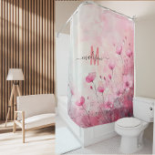 モダンなピンクのエレガントなスクリプトウェディング シャワーカーテン