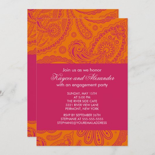 モダンなピンクのオレンジペイズリーの婚約の招待状 招待状 (正面/裏面)
