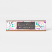 モダンなピンクのターコイズの水彩画の花柄パターン デスクネームプレート (正面)