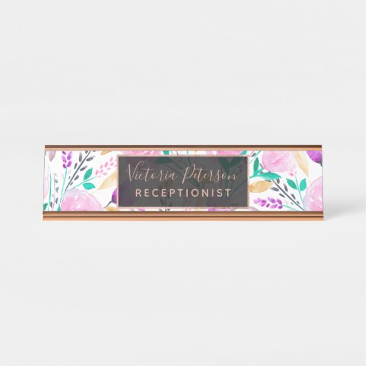 モダンなピンクのターコイズの水彩画の花柄パターン デスクネームプレート