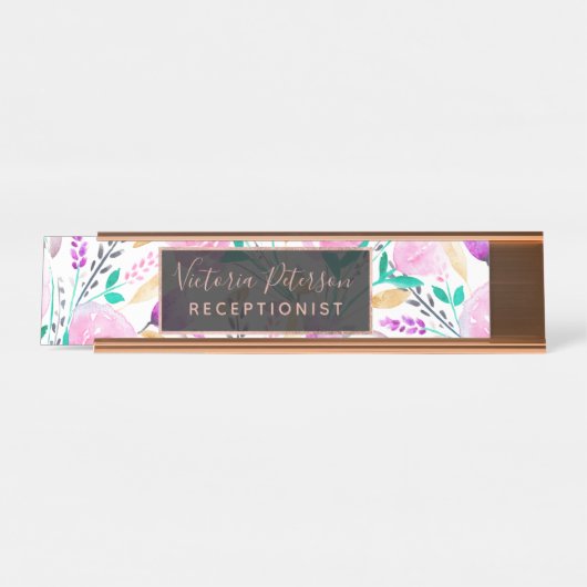 モダンなピンクのターコイズの水彩画の花柄パターン デスクネームプレート (正面)