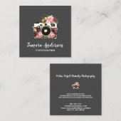 モダンなピンクのバラの灰色の花のカメラのカメラマン スクエア名刺 (正面/裏面)