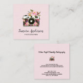 モダンなピンクのバラの金ゴールドの花のカメラのカメラマン スクエア名刺 (正面/裏面)