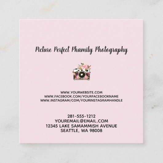 モダンなピンクのバラの金ゴールドの花のカメラのカメラマン スクエア名刺 (裏面)