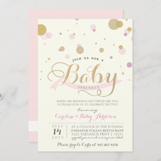 モダンなピンクのベビーはベビーシャワーの招待状を振りかけます 招待状 (正面/裏面)