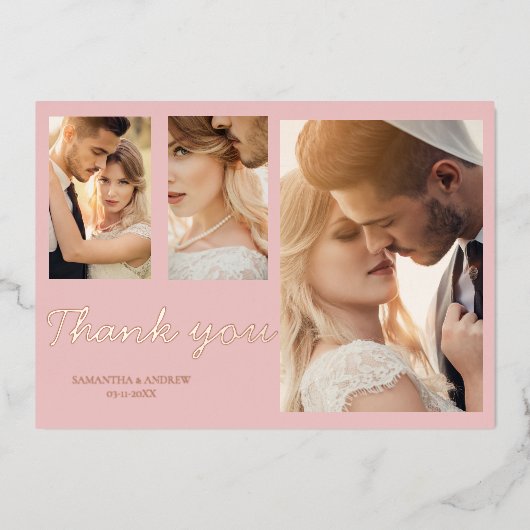 モダンなピンクの写真付き結婚式の招待状にお礼を言う4つの方法 箔招待状 (正面)