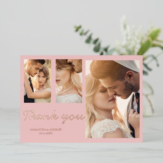 モダンなピンクの写真付き結婚式の招待状 ありがとう4枚 箔招待状 (立ち正面)