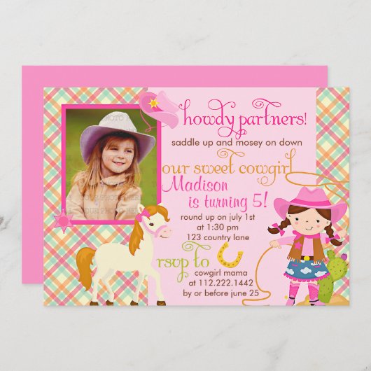 モダンなピンクの女性のカーボーイの小さい馬のかわいい写真のパーティー 招待状 (正面/裏面)