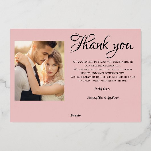 モダンなピンクの感謝の気持ちを込めた写真付き結婚式招待状 箔招待状 (裏面)