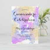 モダンなピンクの水彩画 ゴールドグリッターのキンセアニエラ 招待状 (スタンド正面)