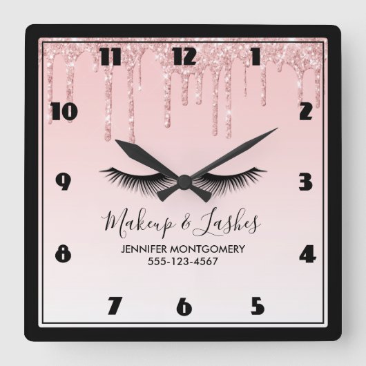 モダンなピンクの液体のグリッター及びまつげ スクエア壁時計 (正面)