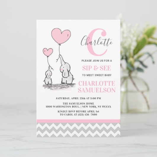 モダンなピンクの灰色象SIPは及び女の赤ちゃんに会います 招待状 (スタンド正面)