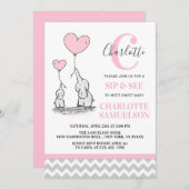 モダンなピンクの灰色象SIPは及び女の赤ちゃんに会います 招待状 (正面/裏面)