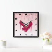 モダンなピンクの点滴注入のグリッター及びハイヒール スクエア壁時計 (ホーム)