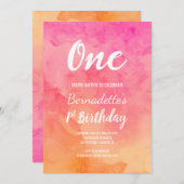 モダンなピンクの珊瑚の水彩画のグラデーションな最初誕生日 招待状 (正面/裏面)