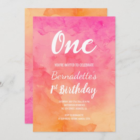 モダンなピンクの珊瑚の水彩画のグラデーションな最初誕生日 招待状 (正面/裏面)