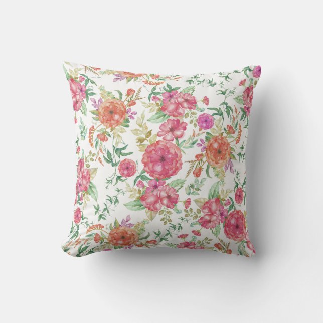 モダンなピンクの珊瑚の緑の水彩画の花柄のバラ クッション (正面)