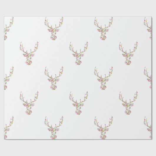 モダンなピンクの白いヴィンテージの花のシカの頭部 ラッピングペーパー (フラット)