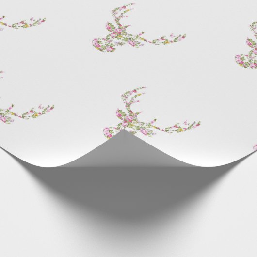 モダンなピンクの白いヴィンテージの花のシカの頭部 ラッピングペーパー (角)