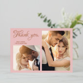 モダンなピンクの結婚式2枚写真箔お礼カード 箔招待状 (立ち正面)