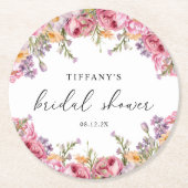 モダンなピンクの芍薬の花のブライダルシャワー ラウンドペーパーコースター (正面)