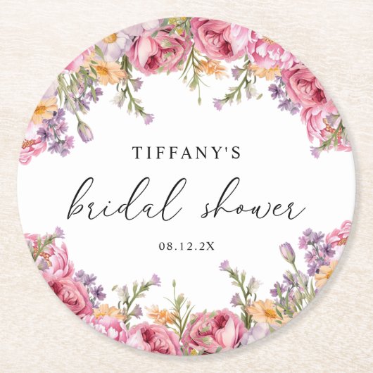 モダンなピンクの芍薬の花のブライダルシャワー ラウンドペーパーコースター (正面)