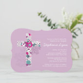 モダンなピンクの花の十字の女の子の洗礼の招待状 招待状 (スタンド正面)
