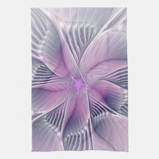 モダンなピンクの花の抽象的フラクタルアート キッチンタオル (縦)