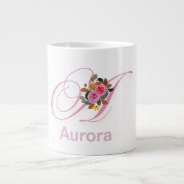 モダンなピンクの花柄モノグラムイニシャル ジャンボコーヒーマグカップ